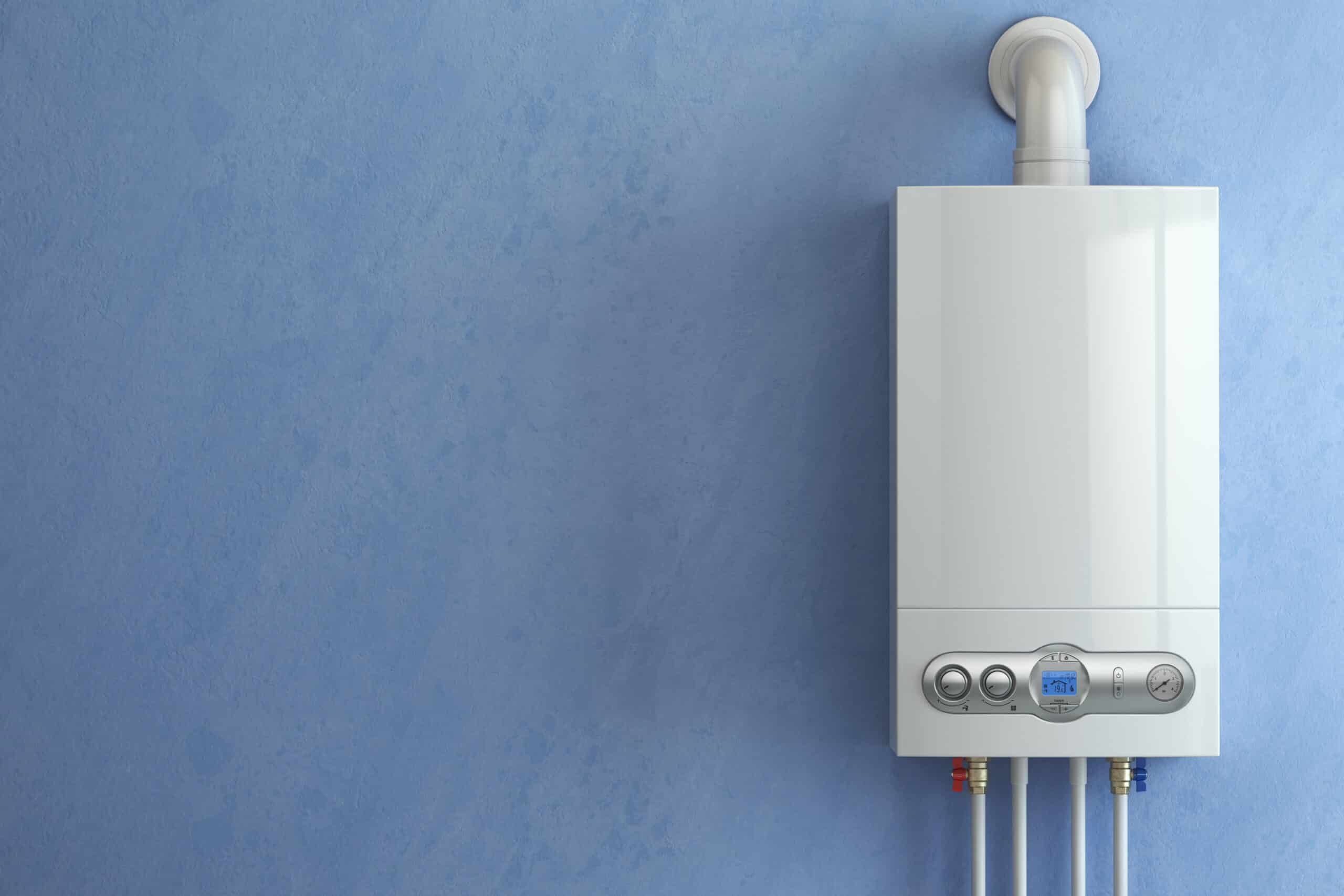 Gas boiler on blue background. Gas boiler home heating
